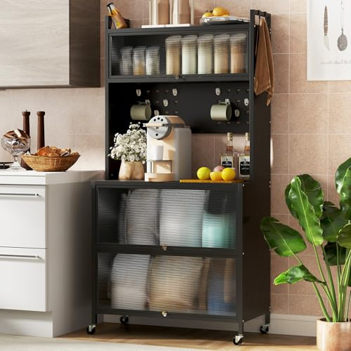 GIANTEX Küchenschrank Küchenregal 5-stufig mit Arbeitsplatte, Mikrowellenschrank mit Rollen, Küchenbuffet Buffetschrank mit Stecktafel & 4 Haken, Standregal Sideboard mit Klapptüren sichtbar