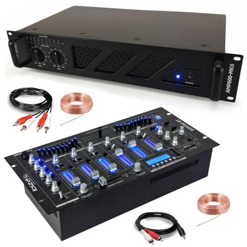 Ibiza – Pack Sono DJ Ampli Ibiza Sound AMP600-MKII 960W – Mesa Mezcladora Bluetooth DJM102-BT USB Jack XLR – Cables RCA Jack para altavoces incluidos