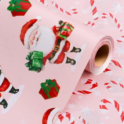 Wikadlik Wendbares Weihnachts-Geschenkpapier, 43 cm x 10 m, niedlicher roter Weihnachtsmann, weiße Schneeflocke, Zuckerstangen-Design, rosa Geschenkpapier