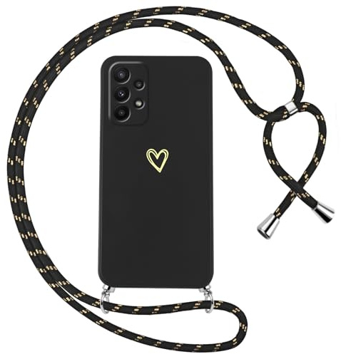 Oelrstfe Cover per Samsung Galaxy A23 5G con Cordino,Custodia Silicone Morbido Sottile con Motivo Cuore e Collana Laccio Tracolla,Antiurto Antigraffio Corda Collo Regolabile Protettiva Case,Nero