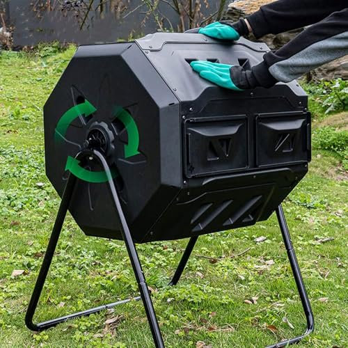 Composteur de jardin, double chambre rotative, design à 360 degrés avec aérations et ailettes profondes, capacité de 100 litres pour jardin, cuisine, terrasse, cour