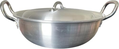 Hometronics Aluminum Kadai Large Wok with Lid & Handle-Heavy Base Deep Frying Pans With Lids For Even Heat Distribution-Gas Compatible Wok Nonstick Saute Pan With Lid-Ideal for Deep Frying (33 cm)