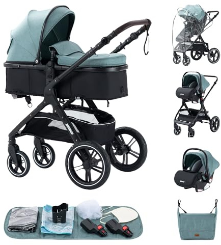 ALYIKOU-Carrito de bebé 3 en 1 - Adecuado para 0-3 años, Ligero y Cómodo para Bebés y Niños - Ideal para Viajes y Diario - Con el bolso de mamá,Cubierta de lluvia, portavasos, adaptadores