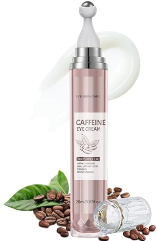 Koffein Augencreme, Hyaluronsäure-Augencreme gegen Tränensäcke & Augenringe, Anti-Aging-Augenserum mit 360°-Massageball, Caffeine Augenpflege zur Reduziert Tränensäcke, Fältchen und Feine Linien