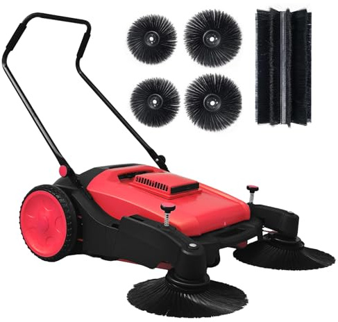 KARHDIR 41 Walk-Behind Floor Sweeper, 15 Gal Large Capacity Industrial Push Sweeper, Folding Handle for Walkway, Garage, Shop, 46000 SqFt/Hour Indoor & Outdoor Use, Red
