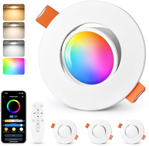 GeyouLux Faretti da Incasso LED RGB, Faretti Intelligenti 230V 2700K-6500K Dimmerabili con APP e Telecomando, 68-80mm 5W IP44 Ultrapiatti, Orientabili a 45° Plafoniere Bianchi per Soggiorno, 4 Pezzi