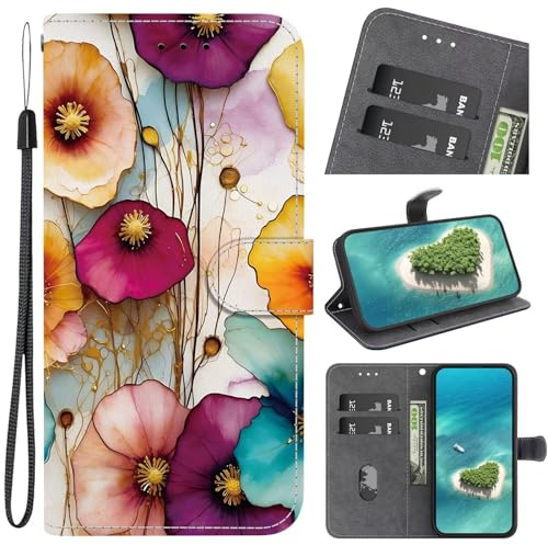 TUUNKMUY Funda para Motorola Moto E13, funda protectora magnética de piel sintética a prueba de golpes TPU con ranura para tarjetas para Motorola Moto E13, flor colorida