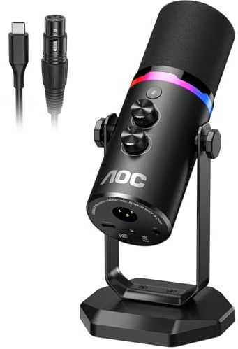 AOC USB/XLR Dynamic Microphone for PC Gaming, Podcast & Recording, Dual-Mode RGB Mic& Streaming Vocal Gear with Heavy-Duty Desk Stand, Clicky Mute, Includes 7.5ft USB Cable & 6.5ft XLR Cable