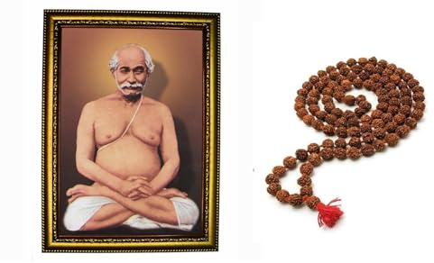 BRACOP Lahiri Mahasaya Cornice con Rudraksh Jaap Mala per cantare Accessori per il tempio Decorazione per la casa Mandir Decorazione da parete in legno Decorazione per altare Guru indiano Ji Foto