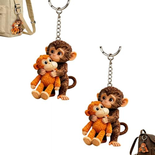 Protect Punch The Monkey Keychain, portachiavi 3D con simpatico pugno scimmia che tiene peluche portachiavi, scimmie che abbracciano portachiavi per zaino, Stile 3, Taglia unica
