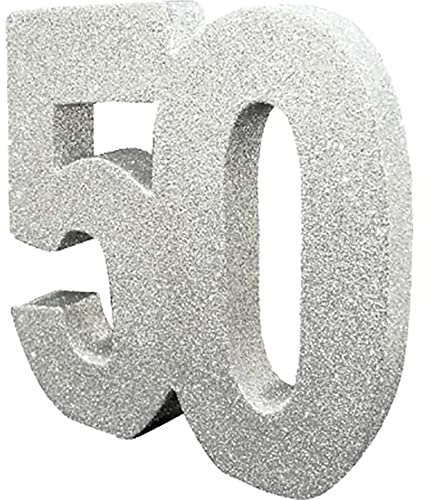 Nummer 50 glitter bordsdekoration silver | bord mittpunkt | bordsdekorationer mittpunkt | födelsedagsdekorationer | Förpackning med 1 | 20 cm |H117