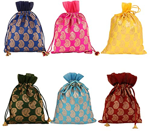 Touchstone Drawstring Bags Traditional Indian Handcrafted in Paisley Pattern Brocade fabric. Perfect for Gifts Jewelry Weddings Sweet Distribution Set of 6 Vibrant Multicolor Pouches Purses Potli