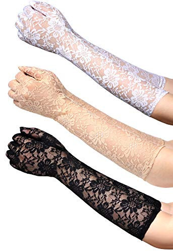 3 pares de guantes de encaje floral, guantes de encaje largos, guantes de encaje de longitud de codo vintage, guantes de encaje para bodas, cenas, fiestas, 3 colores (juego de color 1)