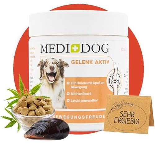MEDIDOG Gelenk Aktiv Tabletten – ca. 210 Tabletten – für alle Hunde – Knochen & Gelenke, mit Grünlippmuschel, Kollagen-Hydrolysat, Glucosamin, Hanf, MSM, Teufelskralle, Chondroitin u.v.m