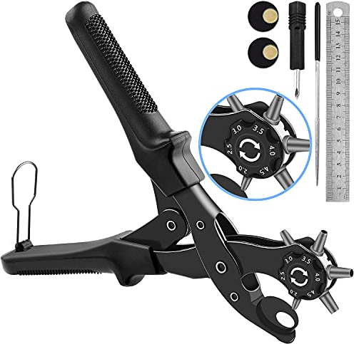 Leather Hole Punch, [Upgraded Version][Perfect Full Set] Diyife Belt Puncher, Heavy Duty Revolving Plier Tool with 3 Extra Plates Ruler Grinding Rod, Multi Sized for Crafts, Card, Rubber (Black)