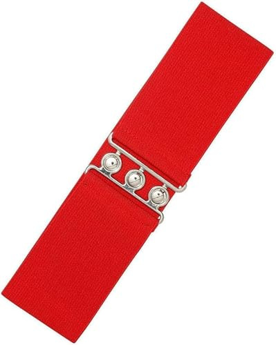Ro Rox Cinturón Ancho Elástico Mujer Cintura Alta Estilo Retro Vintage – Cinturón Stretch para Vestidos, Años 50 – Hebilla Plateada u Dorada - Tallas 34-38 - Rojo (Small)