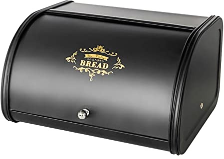 SOTECH Bread Box Vintage for Kitchen Food Grade Light-weight Metal Style Container for Storage Bin Countertop Keeper with Roll Top Farmhouse Rustic Holder Counter Black