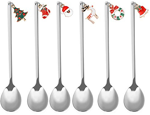 Hemoton 6 Stück Edelstahl Kaffeelöffel Weihnachtslöffel Dessert Tee Eislöffel Rührlöffel Weihnachtssilber mit Geschenkbox Silber