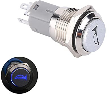 Autohupe Druckknopfschalter, 12V 24V Auto Reset LED Momentaner Druckschalter Lautsprecher Horn Taster 16mm Wasserdichter Edelstahl-Druckknopfschalter für Auto Boot Motorrad DIY Schalter,Blau