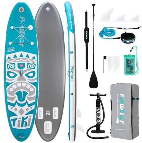 FunWater Aufblasbares Stand Up Paddle Board 320x83cm Ultraleichtes Paddleboard mit Aufblasbarem SUP Zubehör, Tragegurt, DREI Flossen, Verstellbares Paddel, Pumpe, Rucksack, Leine, wasserdichte Tasche
