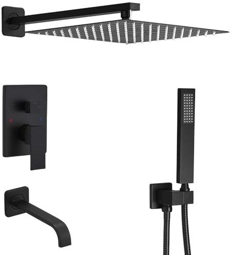 JingGang Matte Black Shower System with Tub Spout Wall Mounted Bathtub Shower Faucet Set for Bathroom with High Pressure 10 Rain Shower head and Handheld Shower Head Set