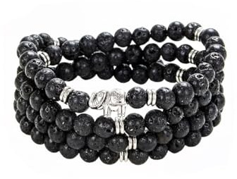 108 Bracciale da polso avvolgente con collana di perle di pietra Mala con ciondolo a forma di elefante Regalo di gioielli fatti a mano (Pietra lavica nera (Black Lava Stone))