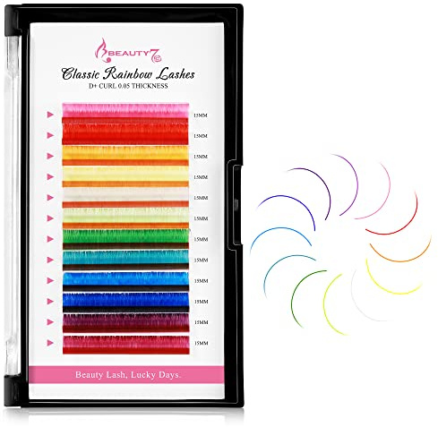 Beauty7 Bunte Einzelwimpern 1:1 Wimpern D+ Curl 0.05 Mischschalenfarbe Lashes für Volumentechnik Wimpernextensions Volumen Wimpern MIX Farbige Wimpern 12 Farben 15mm Regenbogenfarben