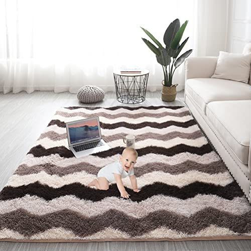 Gsogcax Teppiche für Wohnzimmer, 120 x 13 cm, superweich, flauschig, für Schlafzimmer, zottelig, rutschfest, bequem, große Teppiche, Innenbereich, moderne Heimdekoration, Bodenteppich, braune Welle,