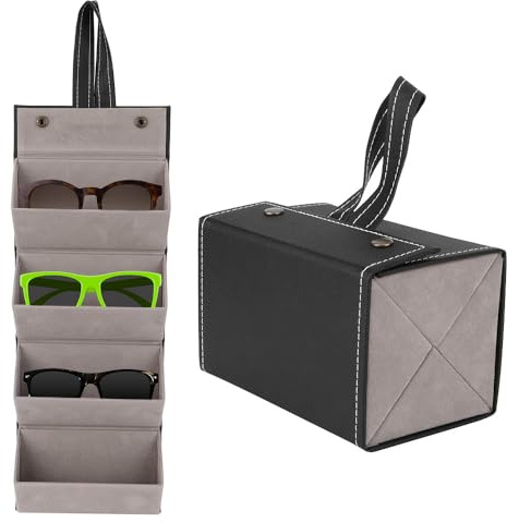 Hapivida Sonnenbrillen Brillen Organizer, 4 Fächer Faltbarer Sonnenbrillen Reise Organizer Mehrere Paare Gläser Aufbewahrungskoffer Hängende Brillen Display Halter (Schwarz)