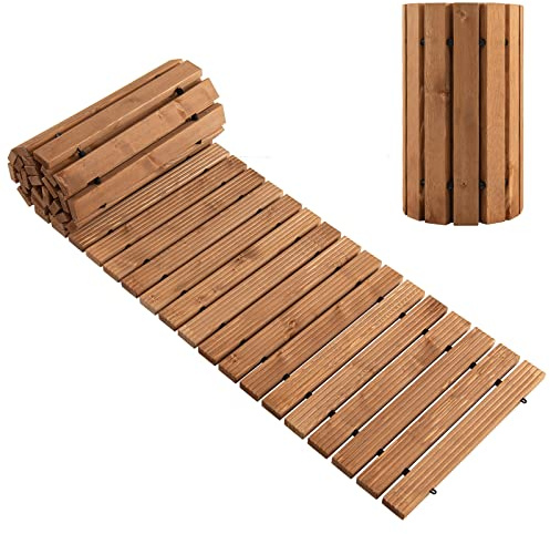 GOPLUS 2,4 m Langer Gartenweg aus Holz, wetterbeständiger gerader Gehweg mit stabilem Stahldraht und rutschfesten Mustern, aufrollbarer Tannenholzsteg für Terrasse, Strand, Garten, Hinterhof (Klein)