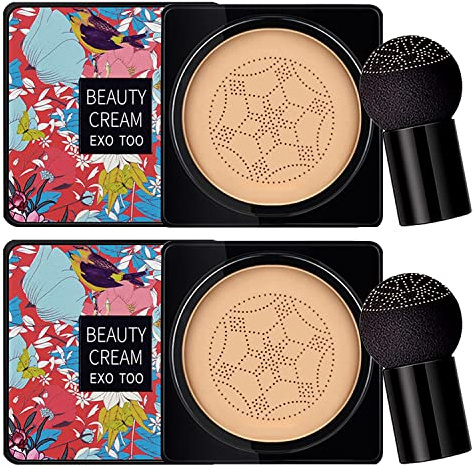 NUIBO 2PCS Air Cushion CC Cream Mushroom Head, Moisturizing Concealer Makeup Base, Primer Liquid Foundation Long Lasting with Two Mushroom Makeup Sponges 【Natural X 2】