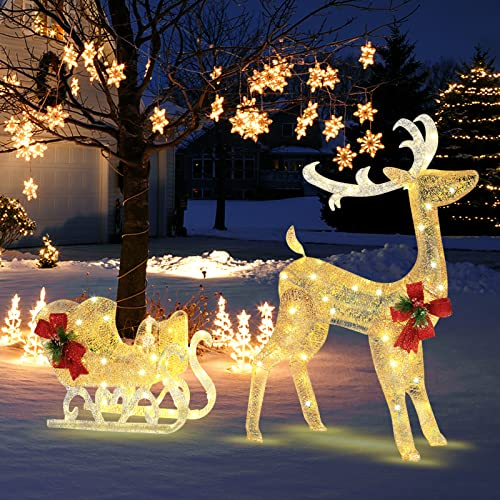 COSTWAY LED-Rentier mit Schlitten, Weihnachtsdeko, beleuchtete Rentier Weihnachtsfigur mit 100 warmweißen Lichtern, Weihnachtsbeleuchtung, Weihnachtsdekoration für Außen und Innen