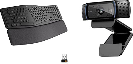 Logitech ERGO K860 Wireless Ergonomic Keyboard, Grey & C920 HD Pro Webcam, Full HD 1080p/30fps Video Calling, Clear Stereo Audio, HD Light Correction, Black