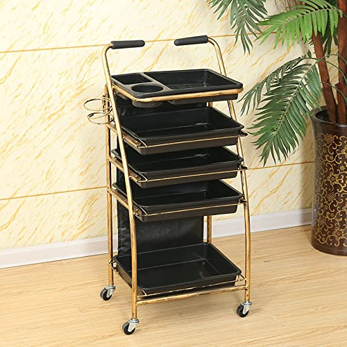 Friseurwagen Gold Retro Salon Lagerwagen mit 4-5 Schubladen Schwarz,mit Fönhalter Friseur Rollwagen Haare Spa Ablagefach Arbeitswagen Rollwagen Stapelboy 29X41X88CM