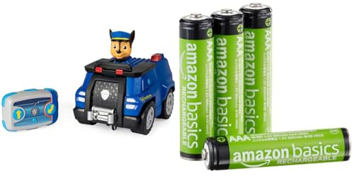 Paw Patrol Chases ferngesteuertes Polizeiauto mit Fernbedienung, ab 3 Jahren, Batteriebetrieben & Amazon Basics AAA-Batterien, wiederaufladbar, vorgeladen, 4 Stück, (Aussehen kann variieren)