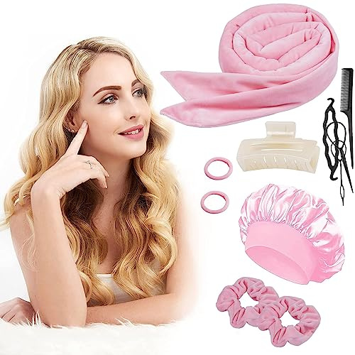 Lockenwickler Locken Ohne Hitze, Locken über Nacht Heatless Curls Band Samt mit Satin Haarhaube Wave Formers über Nacht DIY Haare Lockenband über Nacht Frisurenset für Mittleres Langes Haar, Rosa