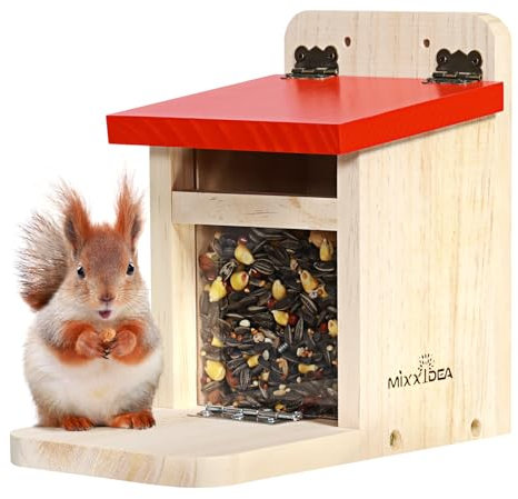 MIXXIDEA Eichhörnchen-Futterspender für den Außenbereich, Holz, Eichhörnchen-Futterstation mit grüner Abdeckung, einfach zu befüllen, Eichhörnchen-Futterhaus (rot, 1 Stück)