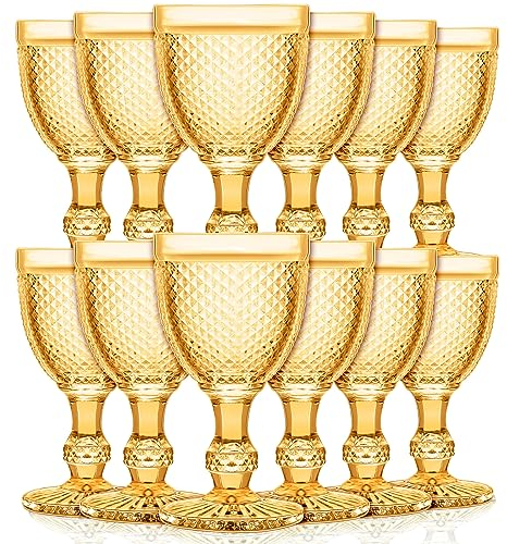 Bokon 12 Pack Wine Glasses Red Wine Glass Goblets High Clear Glass 10 oz Vintage Glass Goblet Embossed Diamond Design Glassware Goblet with Stem for Juice Liquor Party Wedding Bar(Amber)