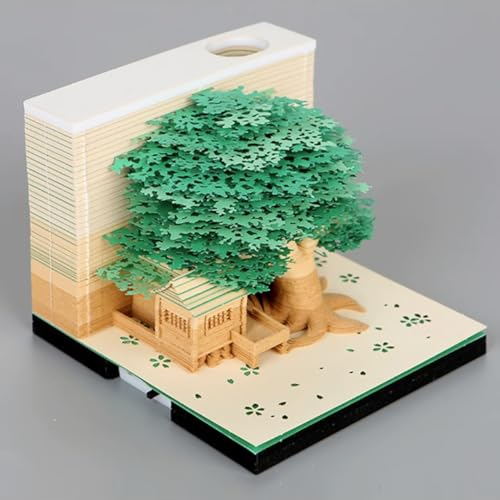 MEICHI 3D Notizblock, nicht verklebt, 3D Baumhaus (Grün) Papierkunst mit Anzeigebox glasklar, 9 x 9 x 6 cm, 260 Blätter, Tischdeco