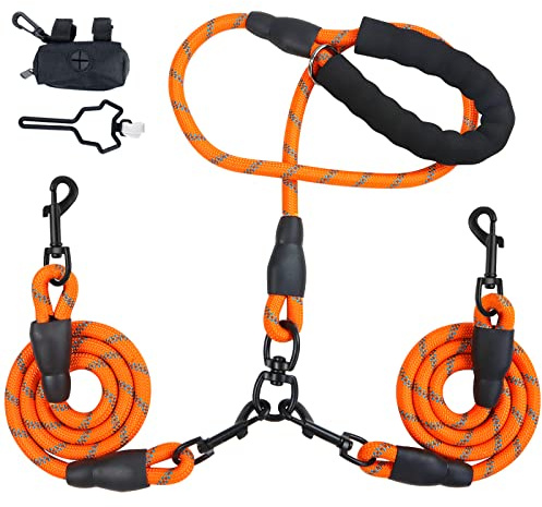 LELE LIFE Doppelte Hundeleine, reflektierend, 360° drehbar, 2 Kotbeutelhalter (Orange)