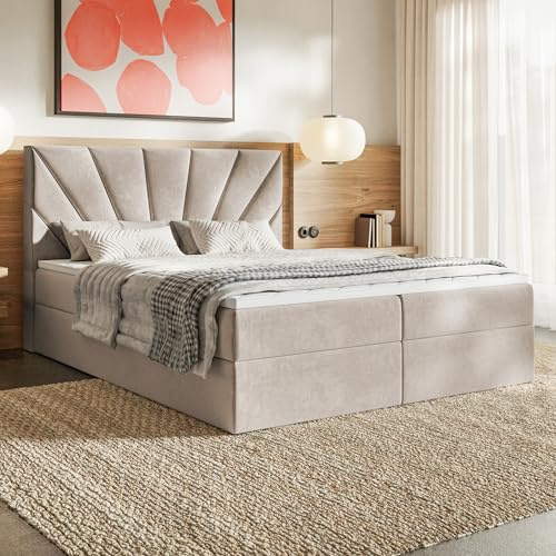 MOTIVENA Aspen Boxspringbett 180x200 mit Bettkasten und Topper, Polsterbett 180x200 mit Bettkasten, Taschenfederkern-Matratze (H3), Visco Memory-Foam Topper (H2), Samt, Beige (Creme)
