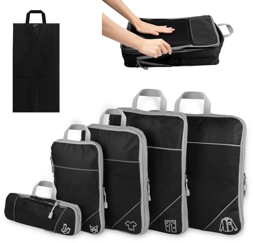 FAEFTY Koffer Organizer Set Kompression Packing Cubes Compression Packwürfel Koffer, Packtaschen Erweiterbar Kofferorganizer Reise Kleidertaschen für Koffer Rucksack, Gepäck (Schwarz, 6 Teilig）