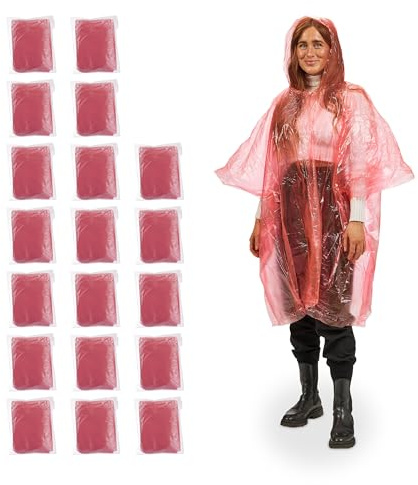 Relaxdays Regnponcho, set om 20, engångsregncape med huva, vandring, festival, nödponcho för kvinnor och män, röd