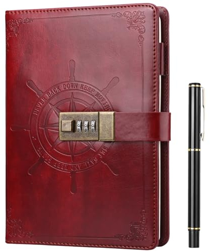 Kesote Diario con contraseña Cuaderno de tapa dura con cerradura de combinación Diario secreto A5 con Bolígrafo Registro de Trabajo para Mujeres Hombres 212 Páginas (Marrón rojizo)