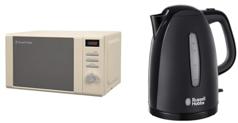 Russell Hobbs RHM2064C 20 Litre 800 W Cream Digital Heritage Microwave with 5 Power Levels & Textures Electric 1.7L Cordless Kettle (Fast Boil 3KW, Black premium plastic, matt