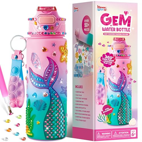 Klever Kits Mermaid Diamond Painting Water Bottle Craft Kits for Kids Ages 6-12, Decorate Your Own Water Bottle, Arts and Crafts Birthday Gift for Girl Age 6 7 8 9 10 11 12, Gem Art Pink Girls Toys