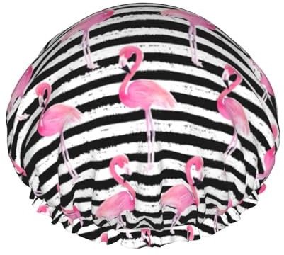 Wiederverwendbare Duschhaube für Damen, Flamingo-Streifen, Badehaube, doppellagig, wasserdicht, Dusch-Haarschutz, verstellbares Gummiband, Duschhut für Home-Spa-Salon, Badehauben