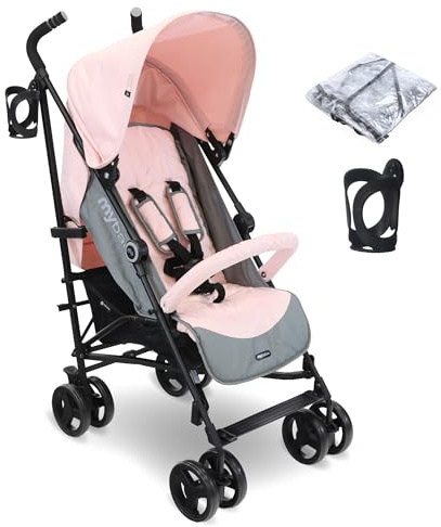 My Babiie MB02 Plus Stroller - from Birth to 4 Years (22kg), Lightweight & Compact Umbrella Fold, Travel Buggy for Toddlers, Pushchair Includes Cup Holder and Rain Cover - Pink & Grey