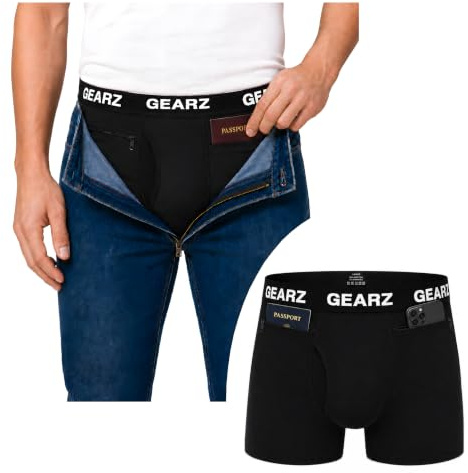 GEARZ – Anti-Diebstahl Herren Reise-Boxer Schwarz Größe S – Unterhose mit Anti-Taschendieb-Taschen – Elastischer Baumwoll-Slip in Schwarz Größe S