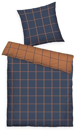 TOM TAILOR Flanell-Bettwäsche, 80x80 cm + 135x200 cm, 100% Baumwolle/ Flanell, Mit Wendemotiv und farbigem Markenreißverschluss, LARGE CHECK Blau, Braun (Dark Navy & Rusty Red)